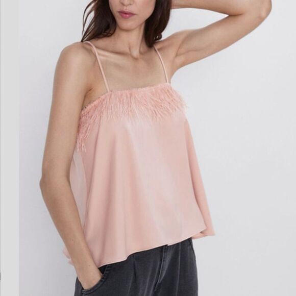 NWT ZARA BEIGE-PINK TOP Camisole Feather Straps Straight Neck Size S - Picture 4 of 4